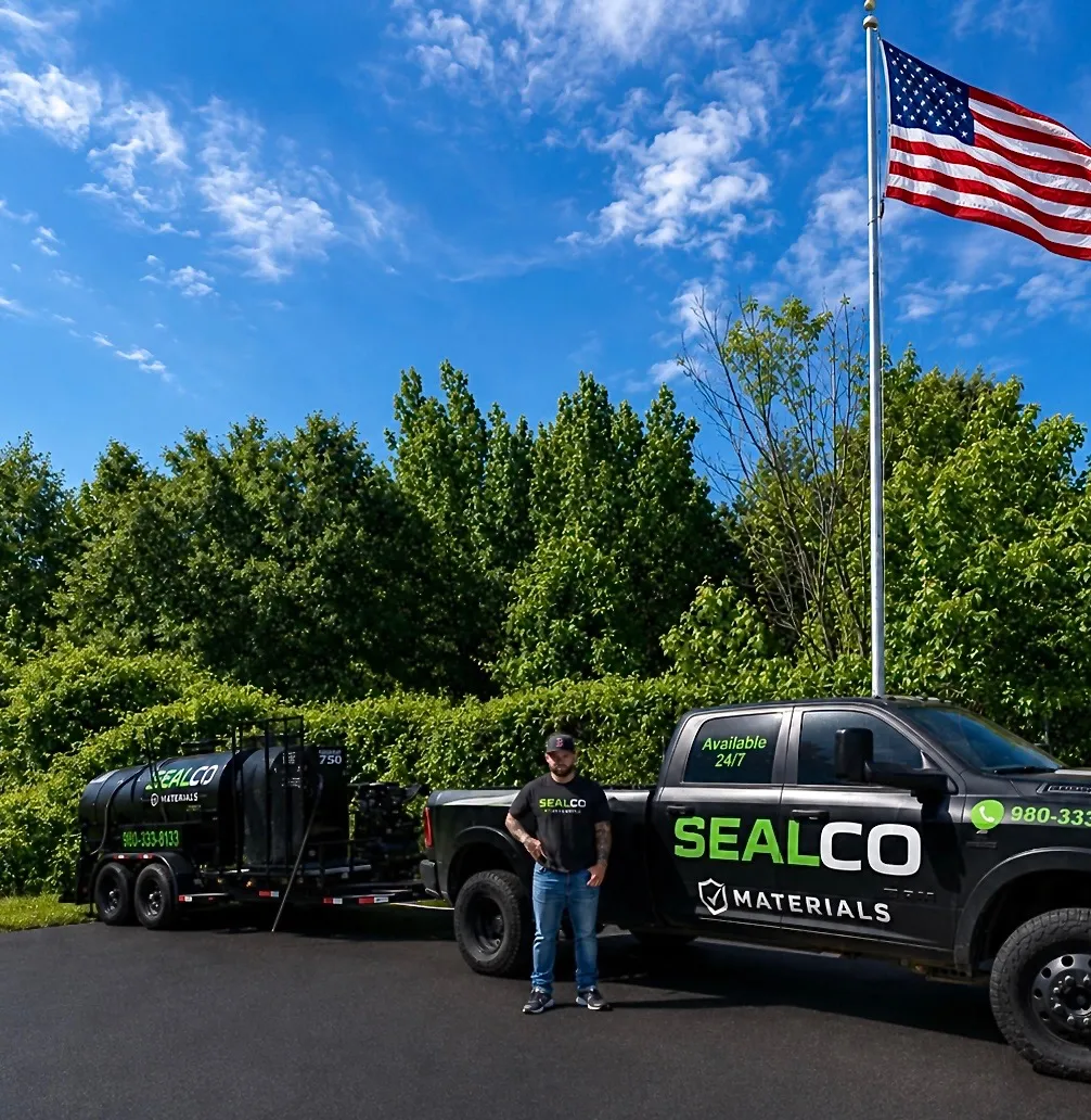 SealCo Materials owner with branded service truck at the Indian Trail asphalt supply yard